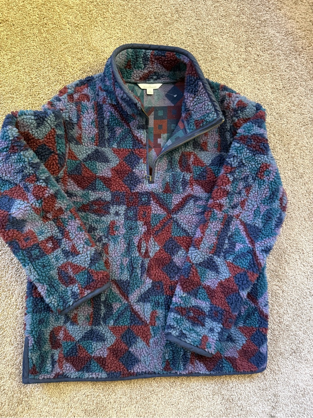 Signature women’s Geometric Sherpa Zip-Up Pullover - Teal & Burgundy